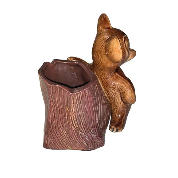 Vintage Brown Bear & Tree Stump Ceramic Spoon Holder flower vase - Picture 5 of 10